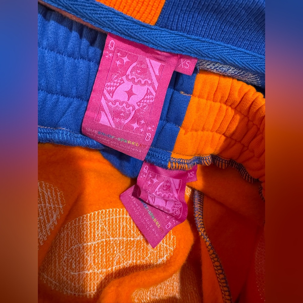 New!QUEEN OF SPARKLES Blue & Orange Sequin Football Sweatshirt & Shorts Set - Picture 8 of 10
